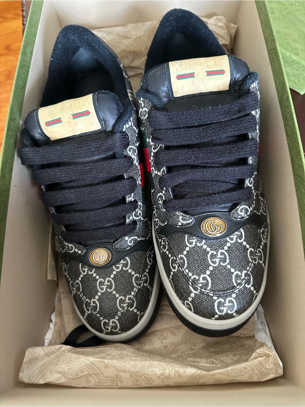 Gucci Black GG Supreme Low-Top Sneakers with Gold Accents